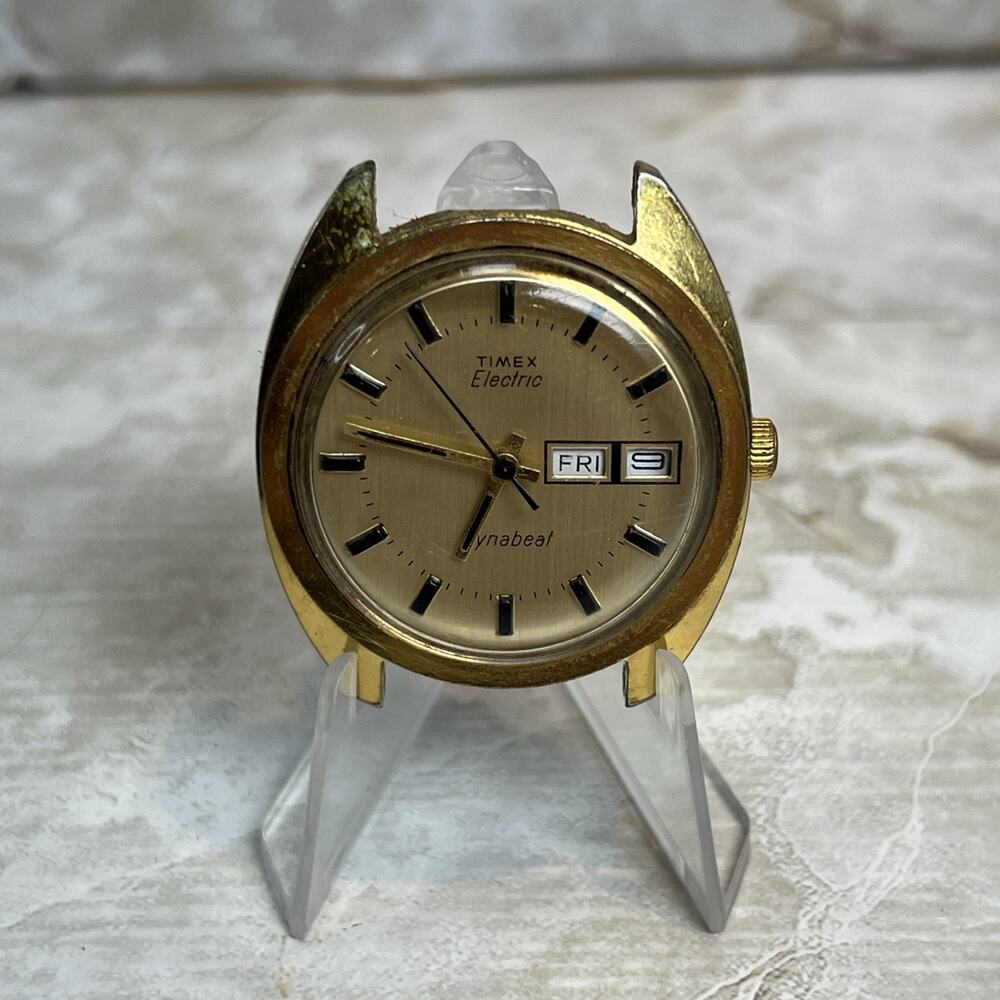 Vintage Timex Electric Dynabeat Men's Day/Date Gold Tone Watch FOR PARTS/REPAIR